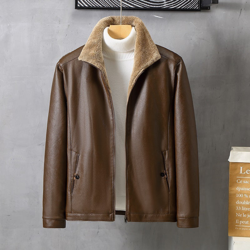 Mens Leather Lapel Fleece Padded Coat Luxe Winter Insulation