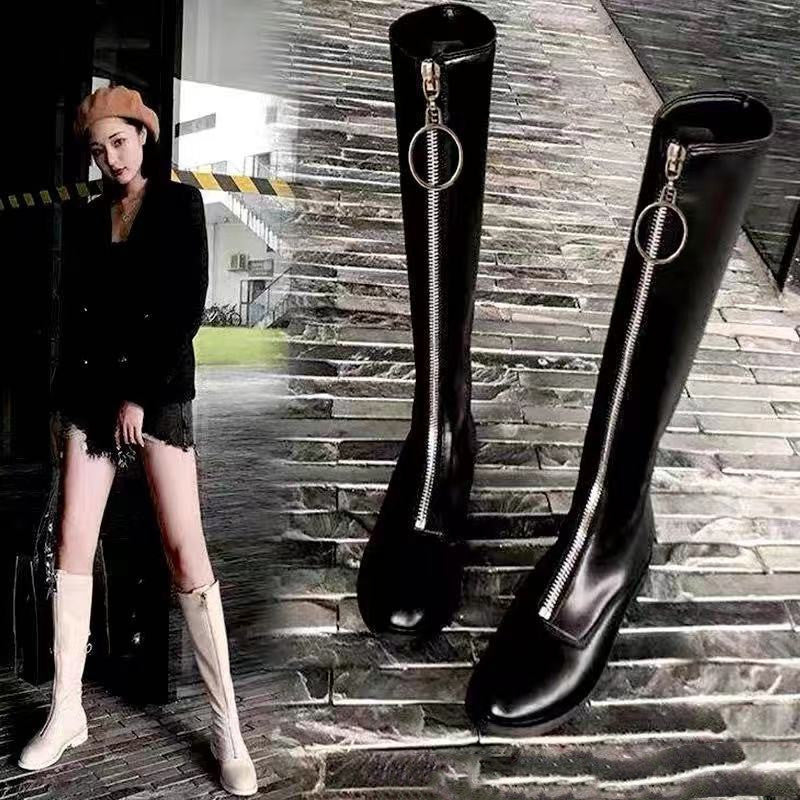 Women's Knee High Heel Zipper Front Boots And Suede Leather