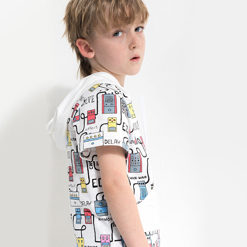 The Hooded Graphic: Cartoon Print Hooded Short-Sleeve T-Shirt