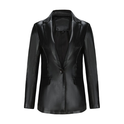 Single Button Commute Leisure Solid Color Leather Coat