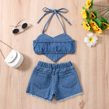 The Signature Set: Girls’ Denim Top & Shorts Suit