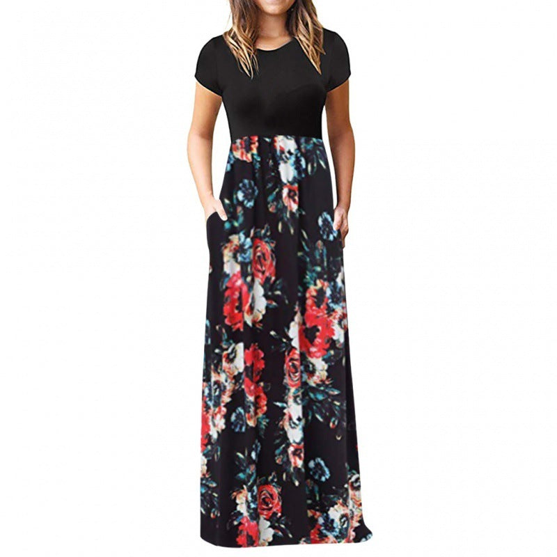 Ladies Short Sleeve Printed Dress Long Skirt