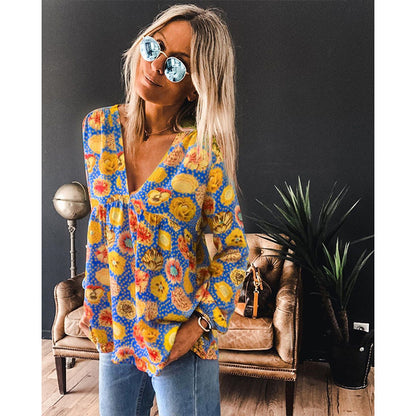 New Style Blouse Women Printing V-Neck Long-Sleeved T-Shirt Women
