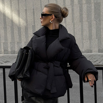 Waist-controlled Lace-up Lapel Long Sleeve Cotton Jacket