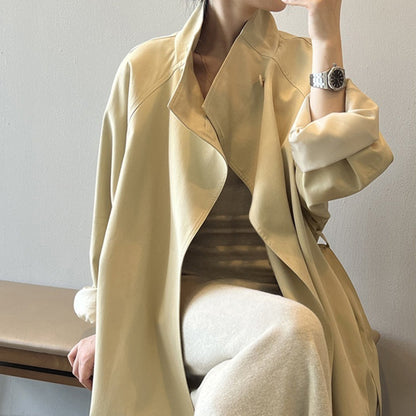 Retro Mid-length Windbreaker Women's Loose Waist Stand Collar Coat