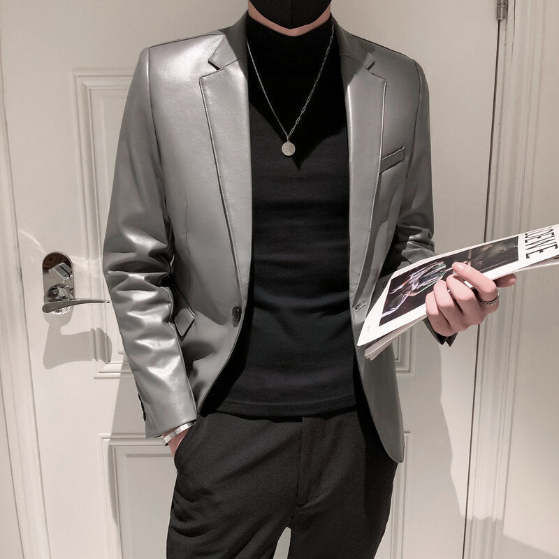New Polo Collar Solid Color Leather Jacket Korean Slim PU Men Refined Monochrome