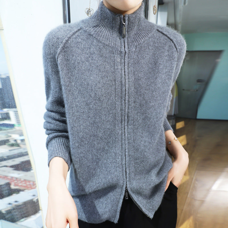 Seven-pin Thickened Double Zipper Half Turtleneck Knitted Cardigan Coat Sweater