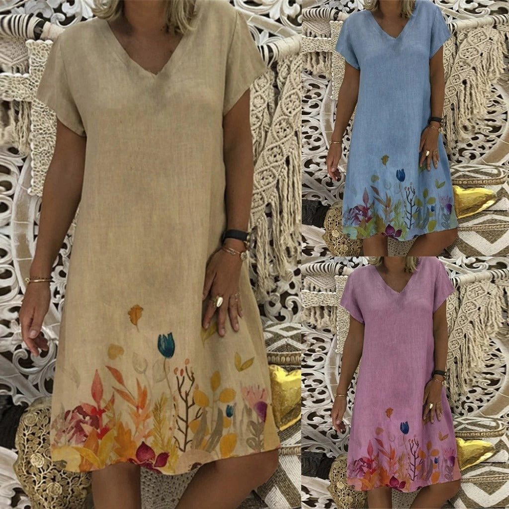 Ladies short sleeve dress loose leaf print