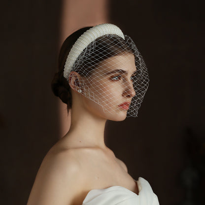 French Hepburn Style Bridal Veil White Vintage Beaded Large Meshed Net Mesh Headband