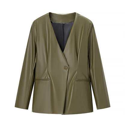 Women's Long-sleeved V-neck Leather Jacket