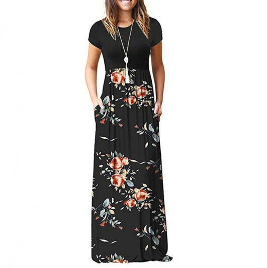 Ladies Short Sleeve Printed Dress Long Skirt