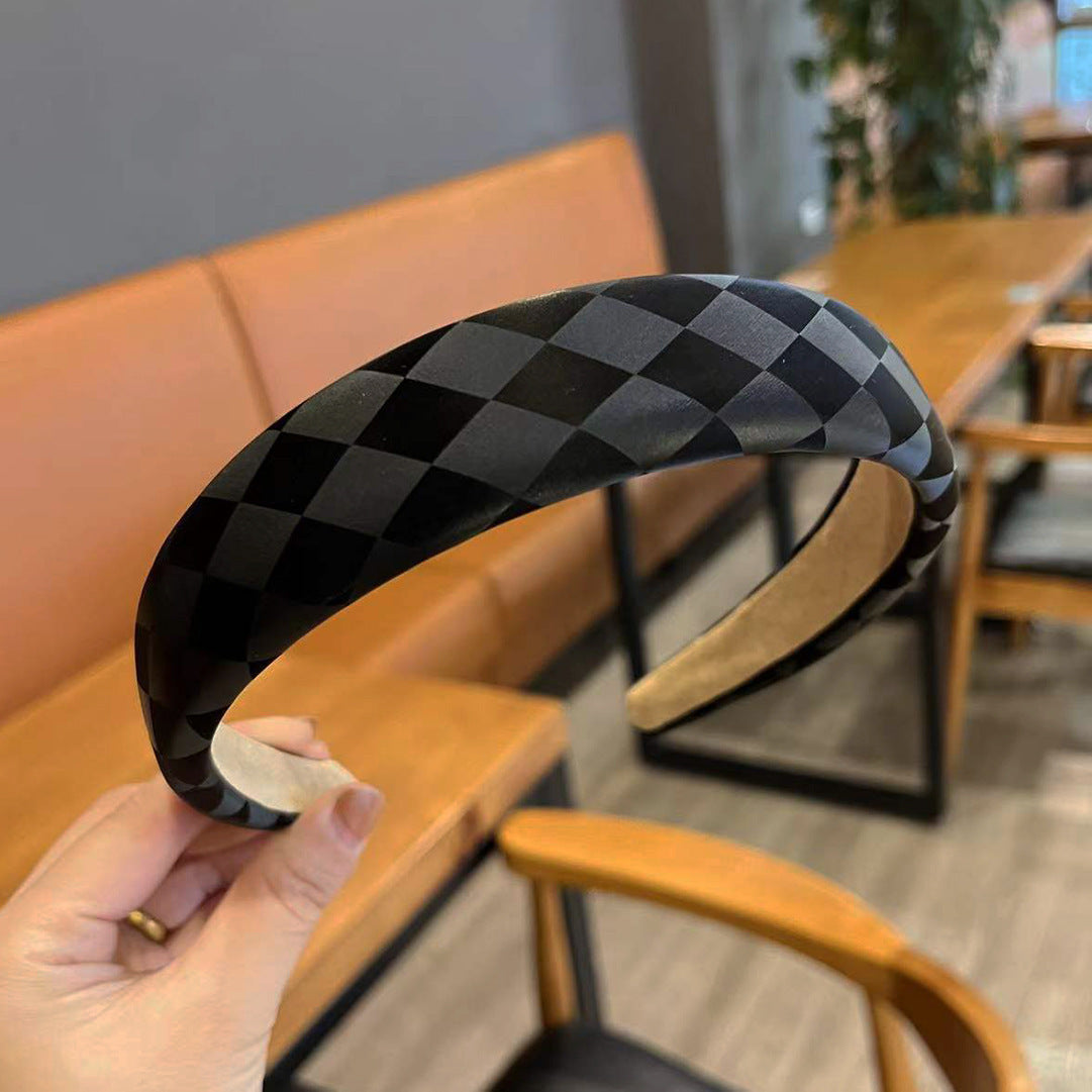 Retro Fashion Leather High Skull Top Chessboard Lattice Sponge Headband