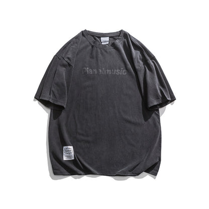 Japanese Retro Dropped Shoulder Letter Print T Shirt Men