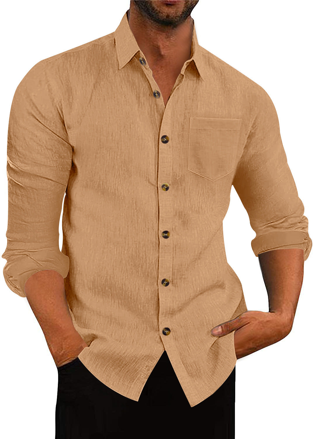Men's Polo Collar Solid Color Long Sleeve Shirt Linen Loose Casual Cardigan