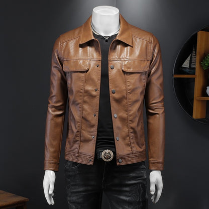 Mens Long-Sleeved Lapel Motorcycle PU Handsome Leather Coat Refined Rider