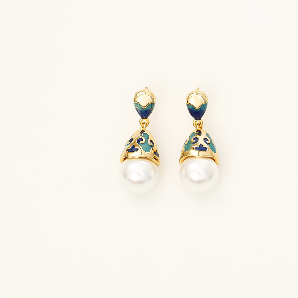 Enamel Pearl Stud Earrings High-end Fashion Elegant