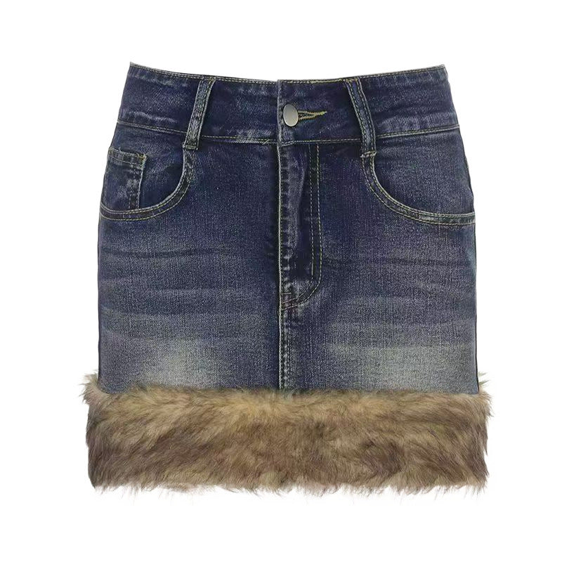 Personality Retro Furry Women's Denim Skirt