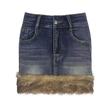 Personality Retro Furry Women's Denim Skirt