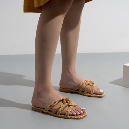 Hemp Rope Flat Sandals Women Casual Solid Color Square Toe Hollow Flat Heel Women Slippers