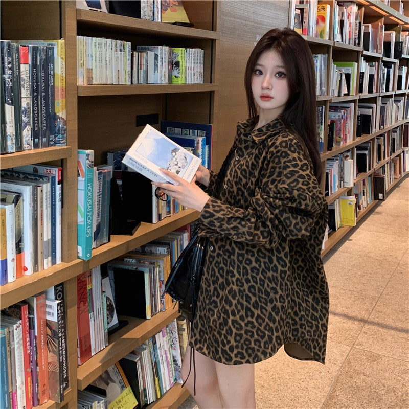 American Leopard Print Polo Collar Shirt Coat Women