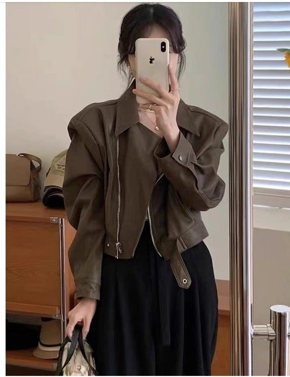 Women's Retro Long-sleeved Leather Coat Jacket