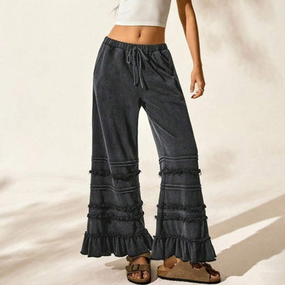 Summer Casual Vacation Style Black Worn Looking Washed-out Loose Flared Pants