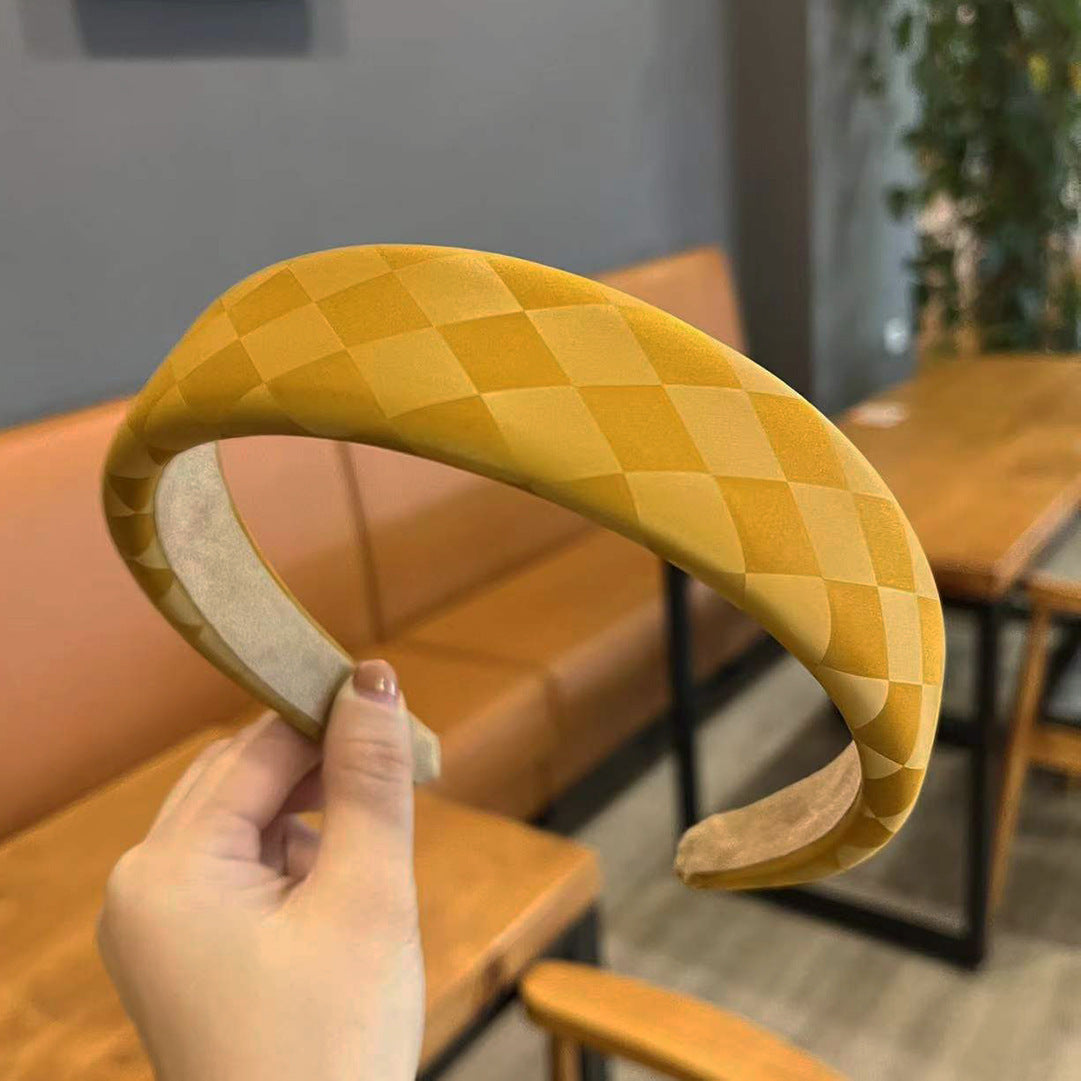 Retro Fashion Leather High Skull Top Chessboard Lattice Sponge Headband