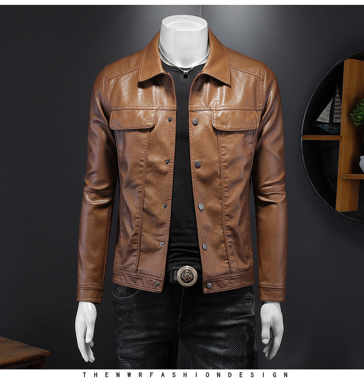 Mens Long-Sleeved Lapel Motorcycle PU Handsome Leather Coat Refined Rider