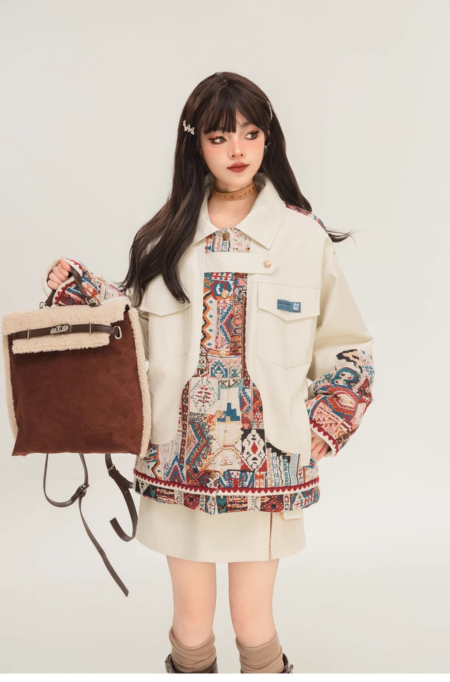 Jacquard Splicing Motorcycle PU Leather Jacket