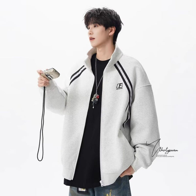 Stand Collar Color Block Stripe Loose Lazy American Style Jacket Bold Pattern Play