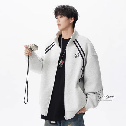 Stand Collar Color Block Stripe Loose Lazy American Style Jacket Bold Pattern Play