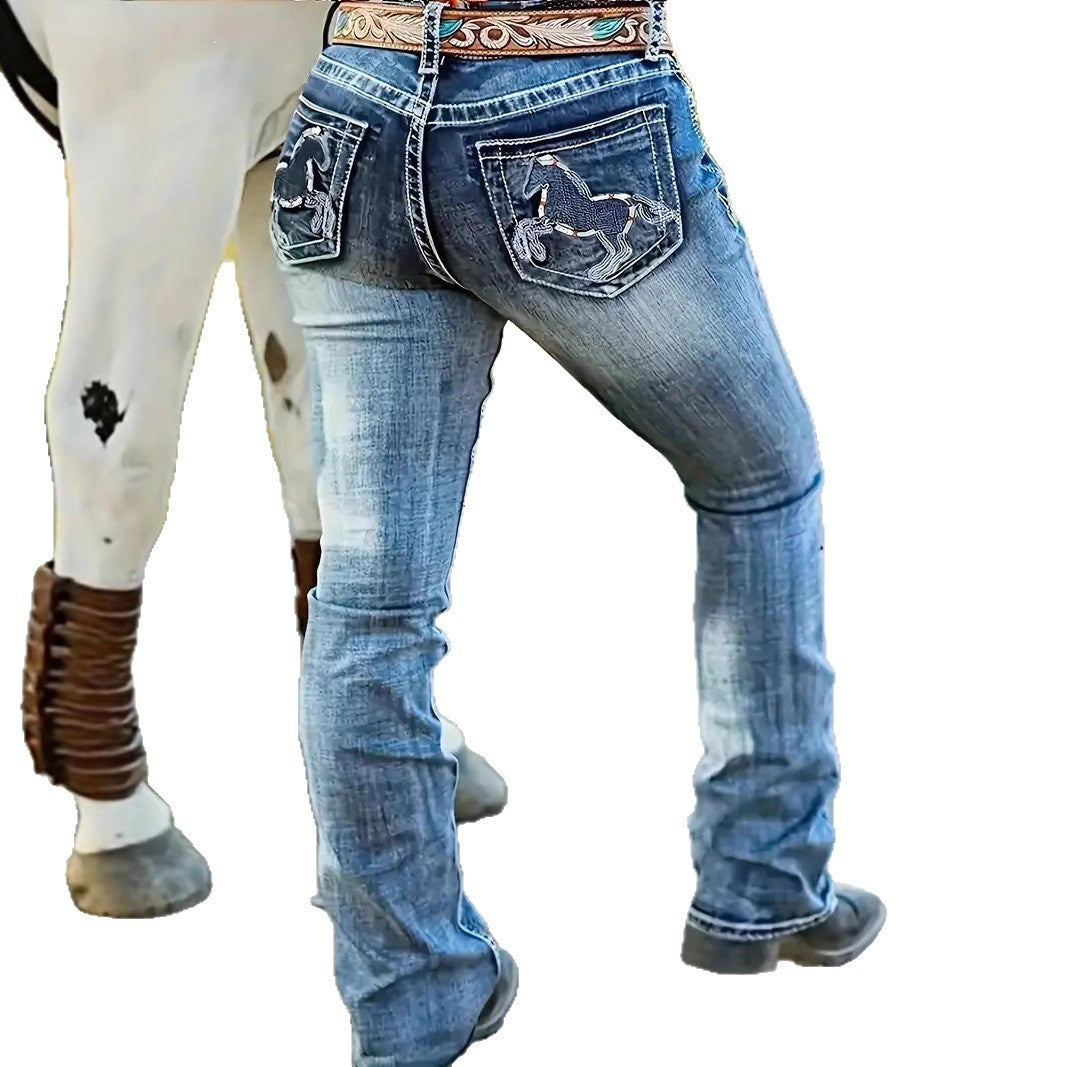 Hatchet Man Embroidery Women's High Waist Stretch Heavy Industry Washed Denim Straight-leg Trousers