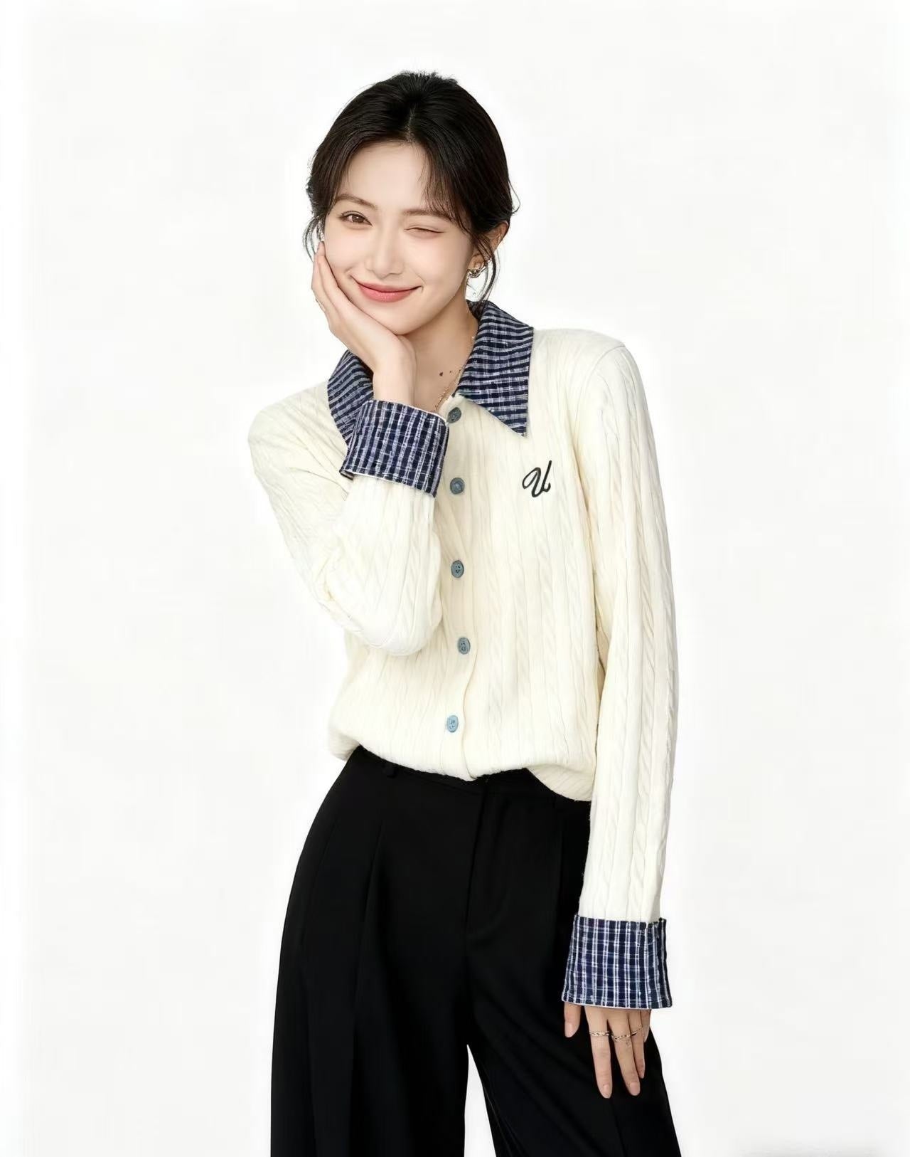 Plaid Stitching Lapel Long Sleeve Twist Knitted Sweater