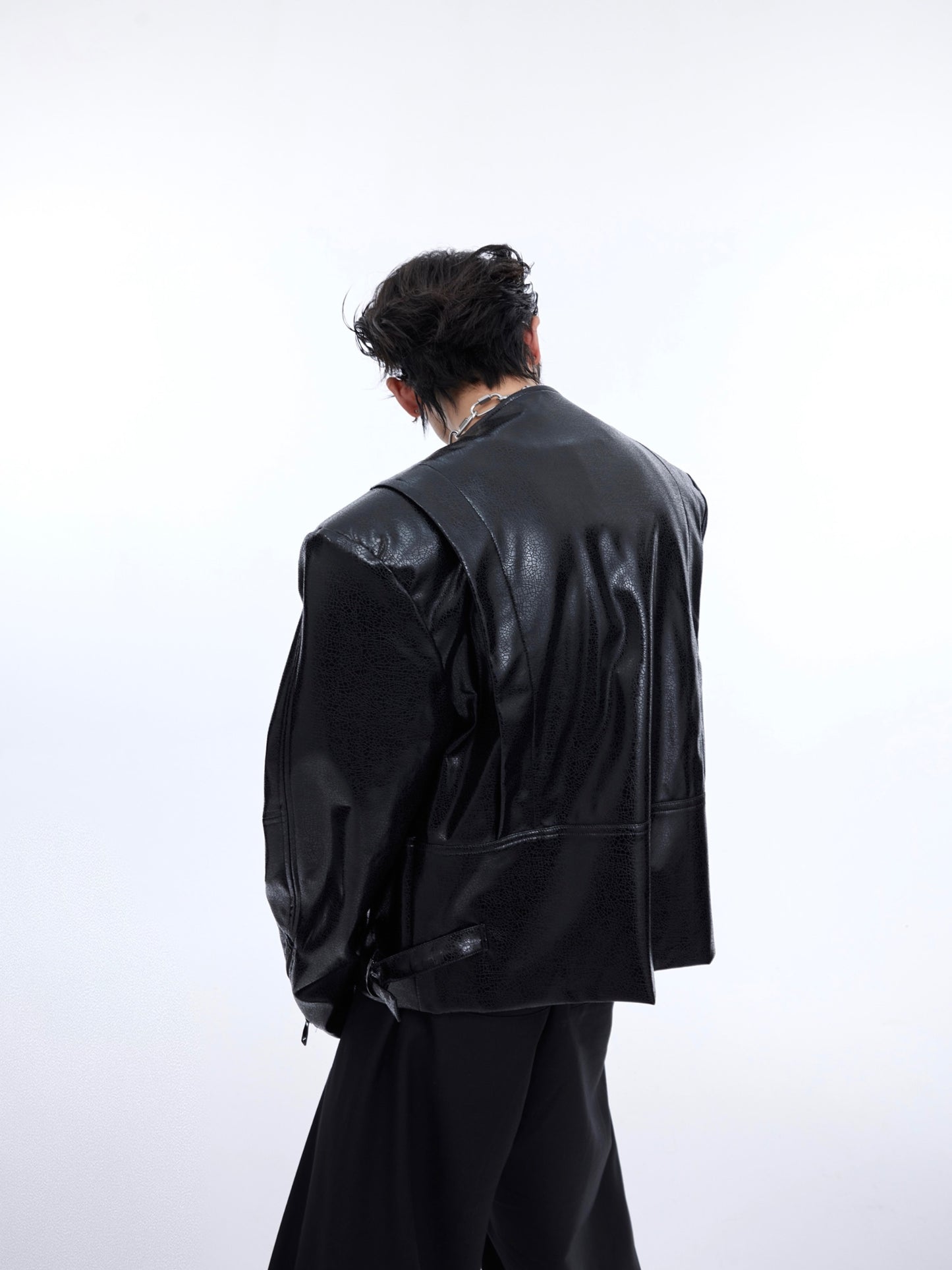 Texture Sense Padded Shoulder Leather Coat Men Sculpted Silhouette