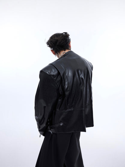 Texture Sense Padded Shoulder Leather Coat Men Sculpted Silhouette