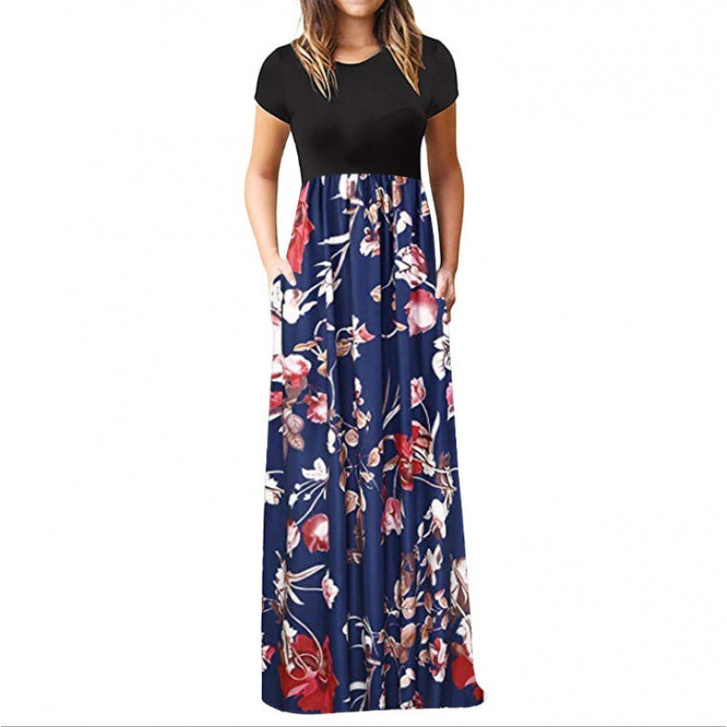 Ladies Short Sleeve Printed Dress Long Skirt