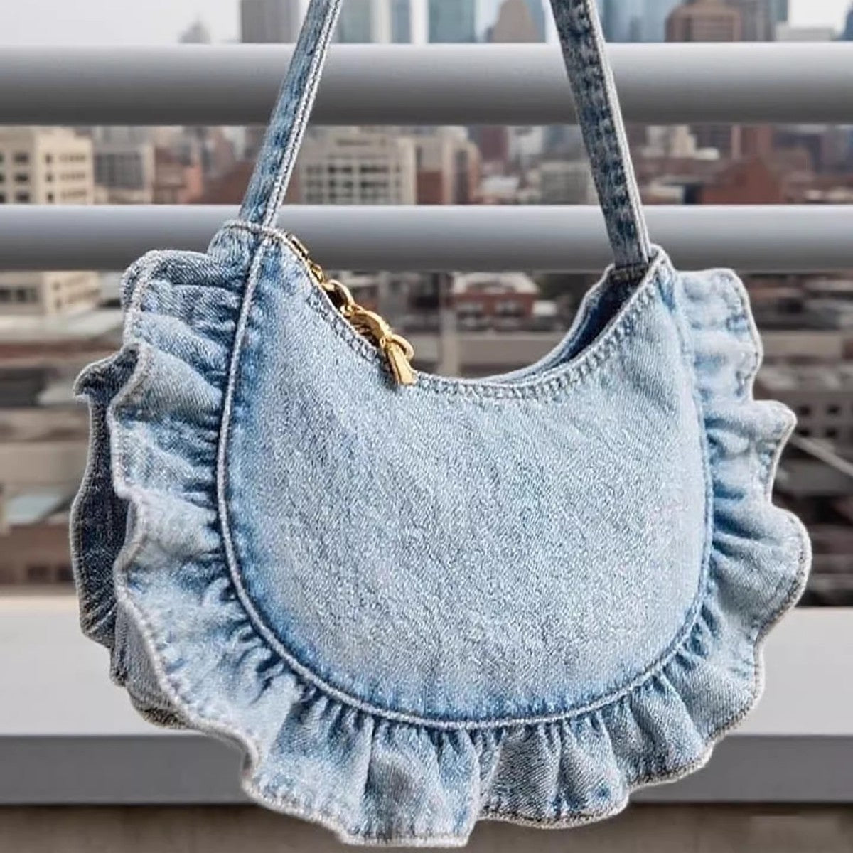 Polyester Women's Denim Lace Pleated Cross-body Bag