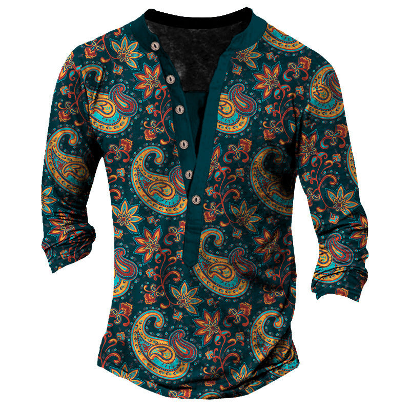 Heritage Retro Henry Neck Printed Long Sleeve T-Shirt