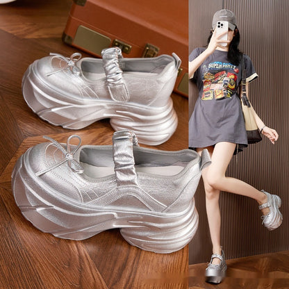 Mary Jane White Silver Sweet Bow Height Increasing Insole Women's Shoes