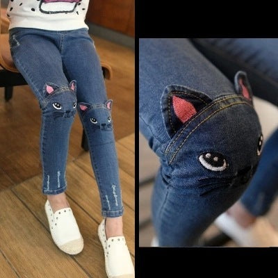 Whimsical Cat Embroidery Slim-Fit Denim Jeans