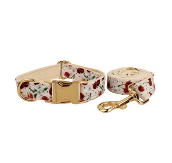 Red Cherry Printed Pet Collar Traction Rope Light Gold Release Buckle Cute Bow Strap