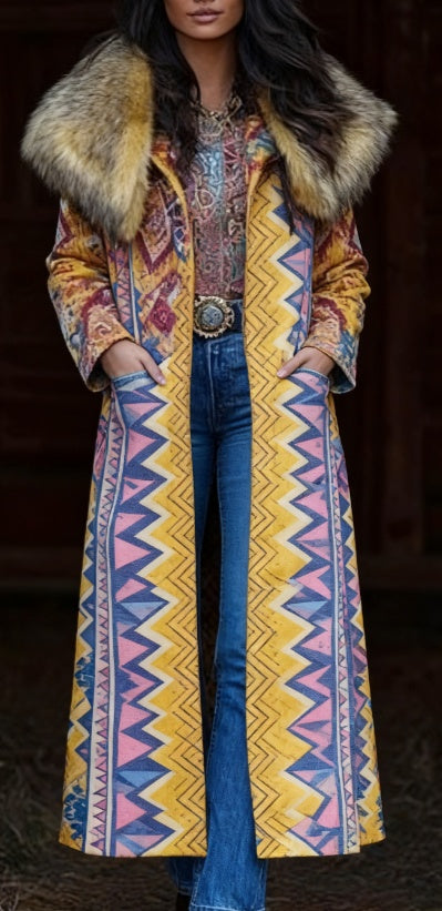 Fashion Retro Women's Coat, Warm Printed Long Coat