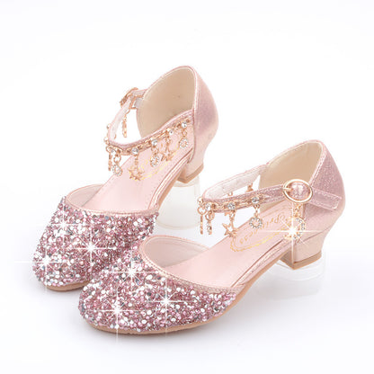 Girls High Heel Shoes Sequined Spring And Autumn Medium And Large Children Princess Sandals