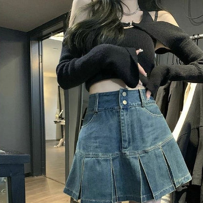 American Hot Girl Pleated Denim Skirt Women's High Waist Slimming