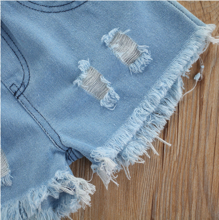 Girls' Fashionable Simple Short-sleeved Floral Denim Shorts Suit