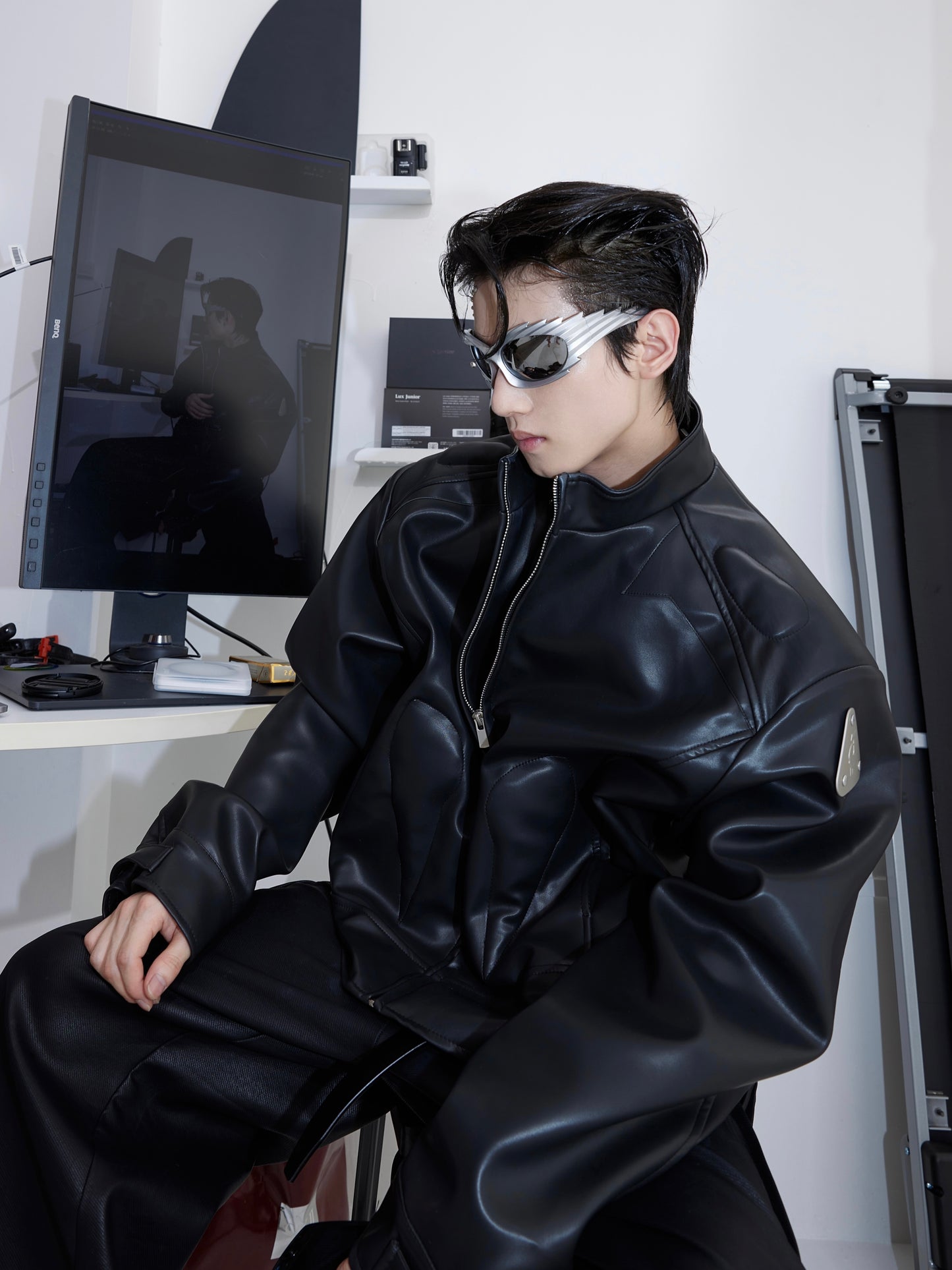 Leather Jacket Metal Graphic Design Jacket Edgy Metallic Accents