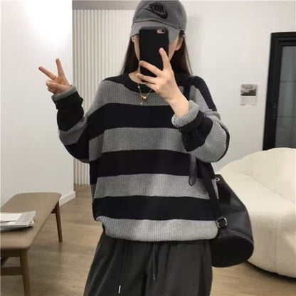 Early Autumn Loose And Lazy Style Striped Sweater For Women