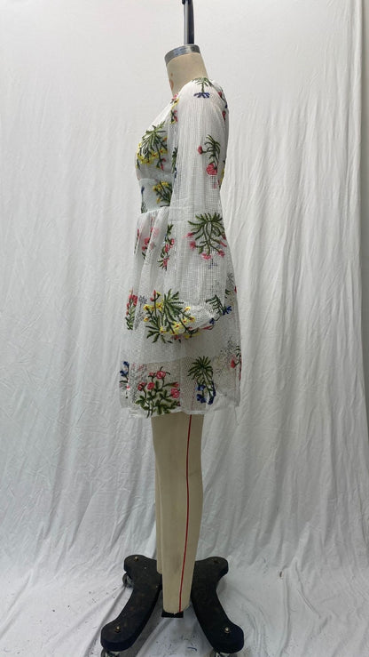 Women's Mesh Embroidery Design Lantern Sleeve Fairy Dress