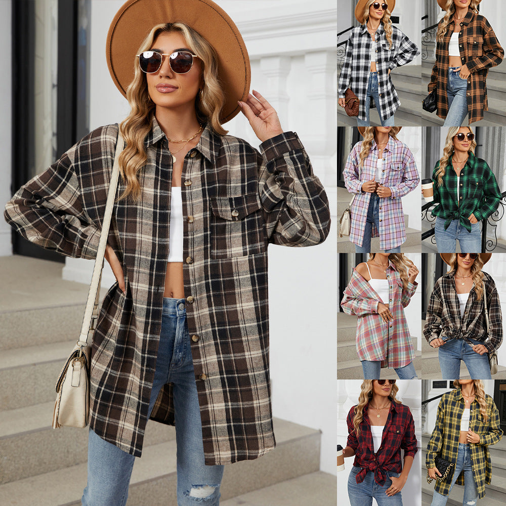 Oversize BF Style Plaid Brushed Long Sleeve Shirt