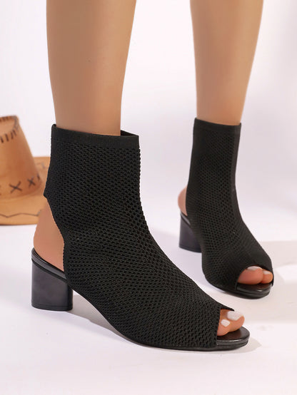 668 Fish Mouth Pointed-toe Hollowed Knitted Hollow Chunky Heel European And American Ankle Boots